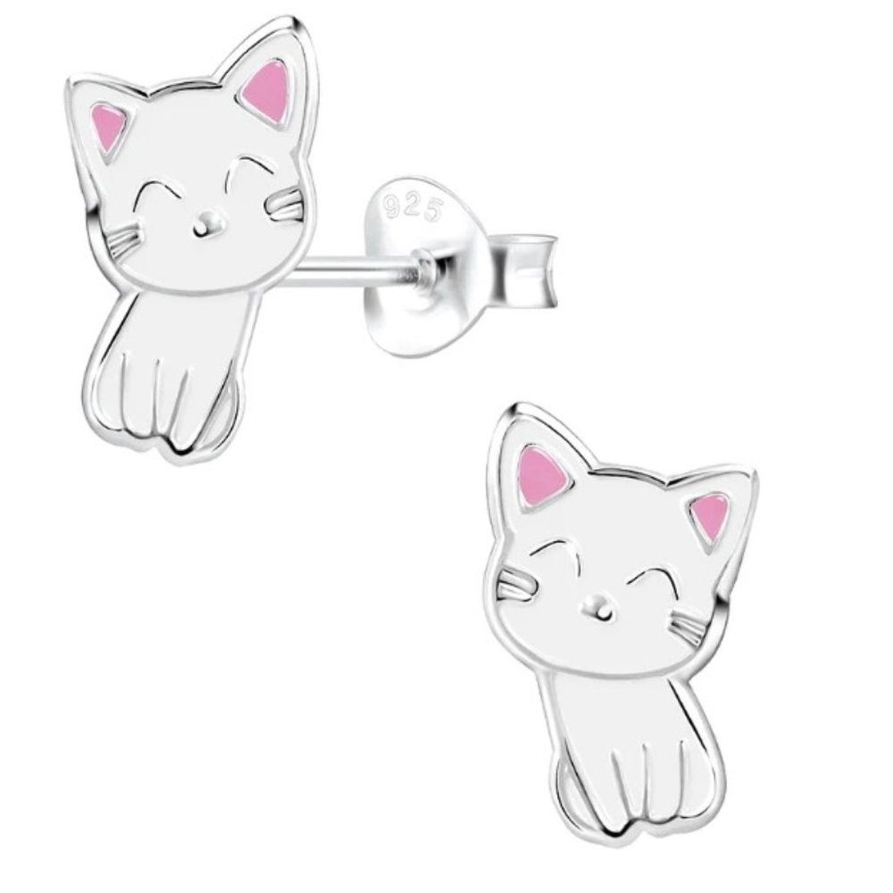 Sterling Silver Cat Stud Earrings White